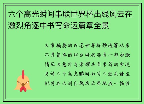 六个高光瞬间串联世界杯出线风云在激烈角逐中书写命运篇章全景