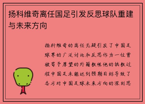 扬科维奇离任国足引发反思球队重建与未来方向